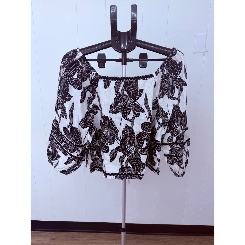 Tahari Linen Blouse Women Large White Black Floral Excellent Puff Sleeve Boho